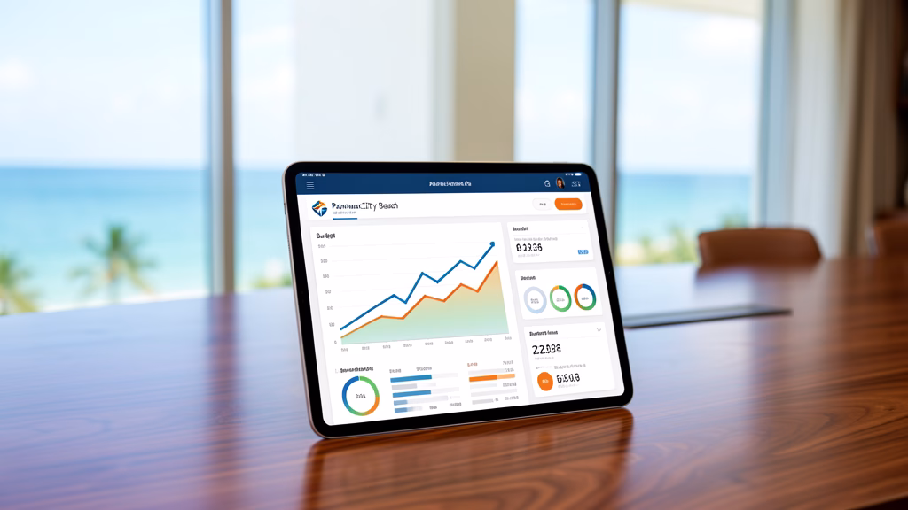 Modern financial dashboard for Bay County HOA board on a tablet in a professional coastal boardroom