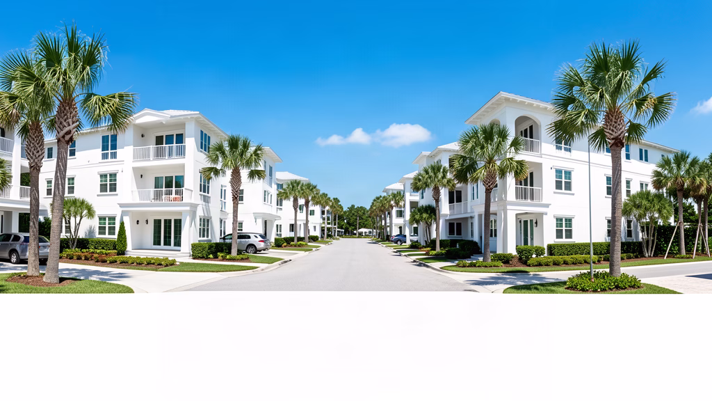 Modern coastal residential community in Panama City Beach with clean architecture and manicured streets