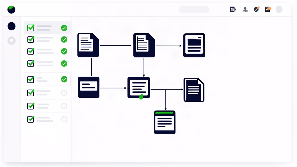 Digital approval workflow dashboard concept with checklist icons and green progress indicators