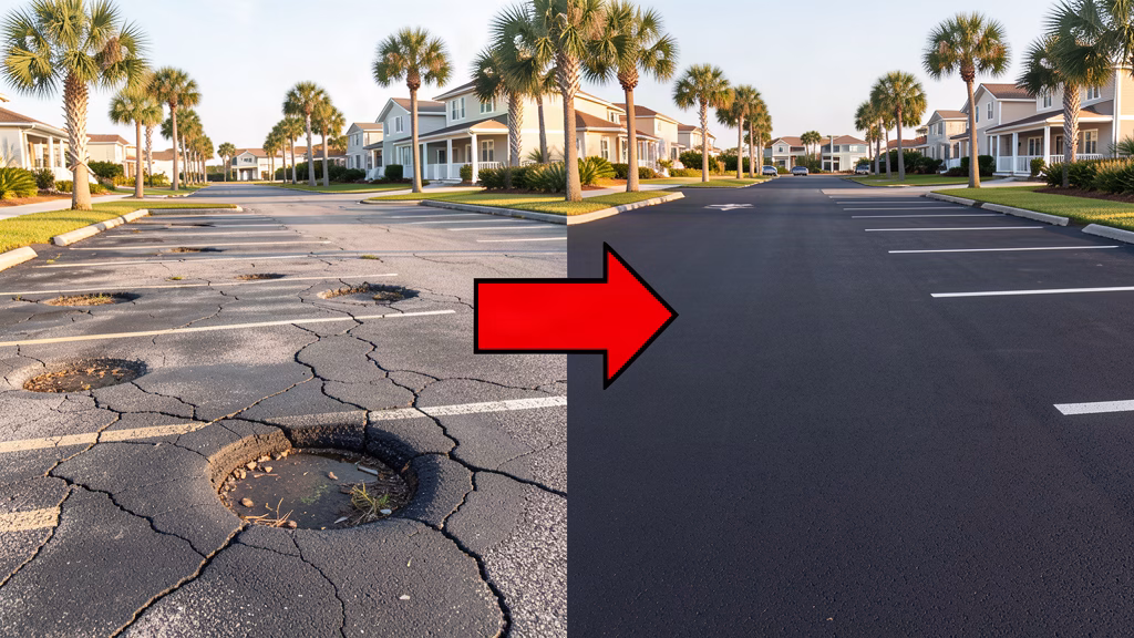Side-by-side comparison showing cracked deteriorated asphalt before repaving and smooth new pavement after, with an arrow indicating the transition.