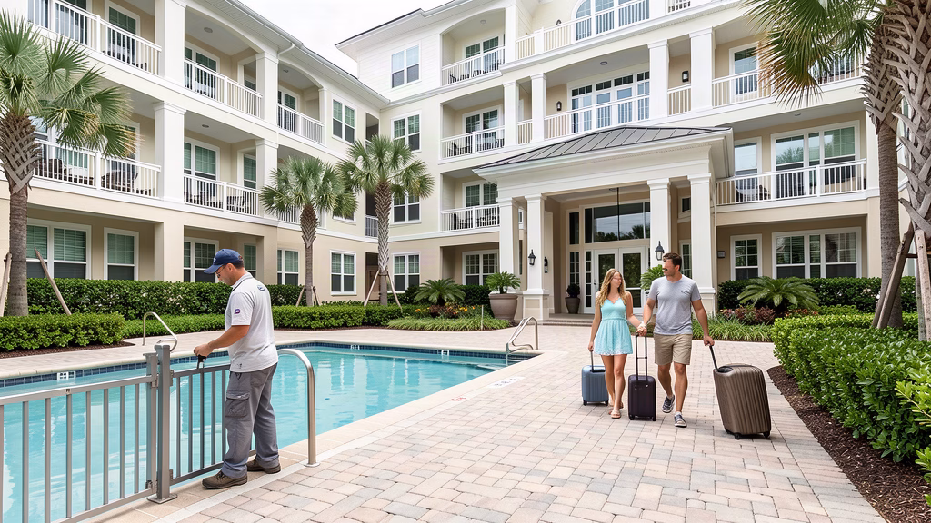 Maintained condominium common areas alongside responsible vacation guest arrivals in Panama City Beach