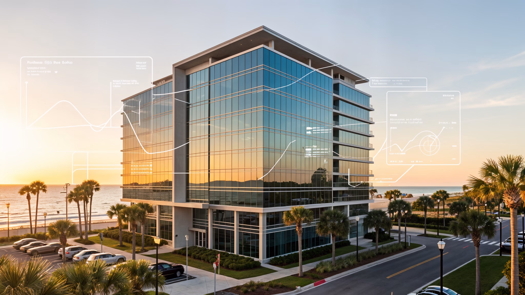 Modern office building in Panama City Beach representing automated HOA lien tracking technology