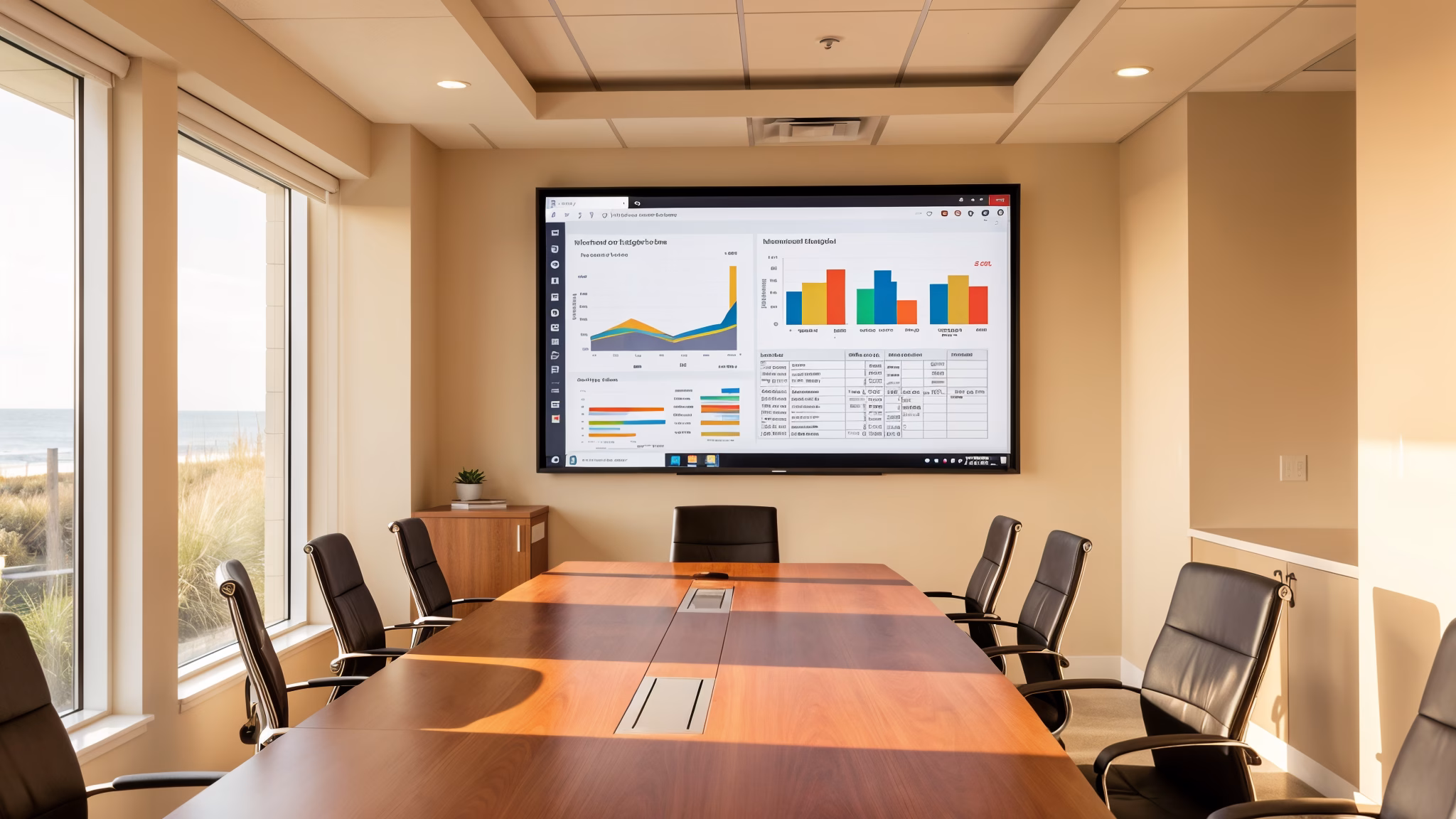 Modern conference room with data displays for HOA board compliance tracking
