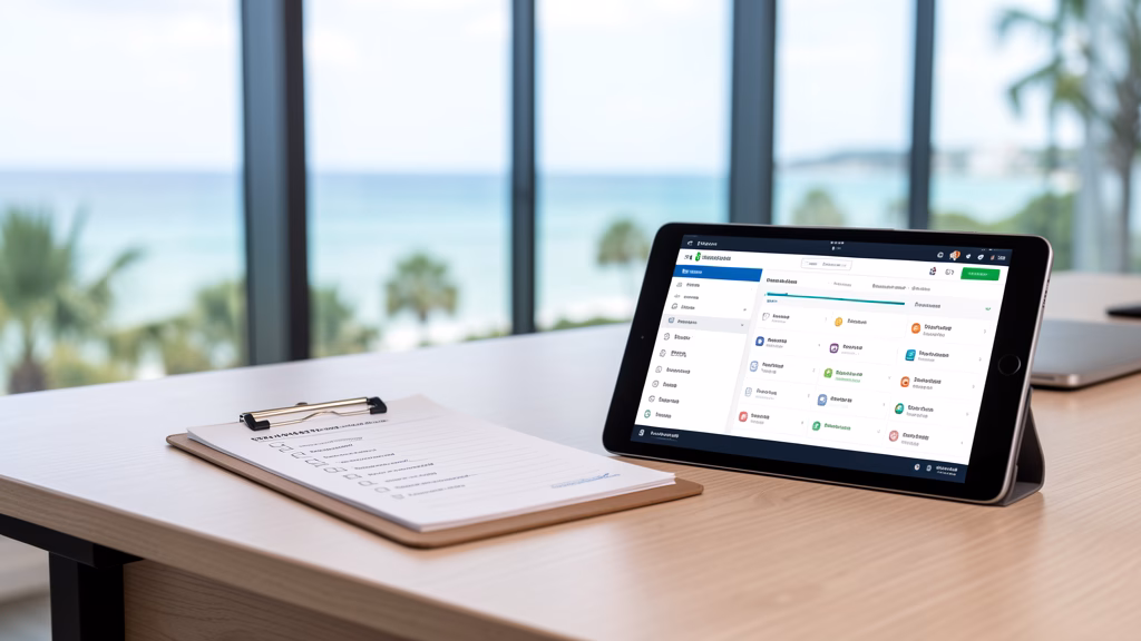 Clipboard with checklist and tablet showing project management interface for HOA board transition in Northwest Florida