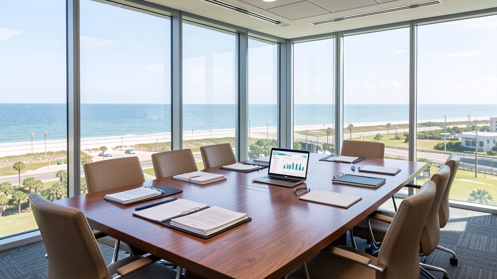 Modern conference room in a Northwest Florida coastal building with organized documents and dashboard analytics for HOA board transition