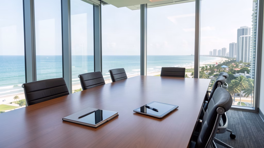 Modern boardroom overlooking Panama City Beach with a tablet, representing tech-driven association governance