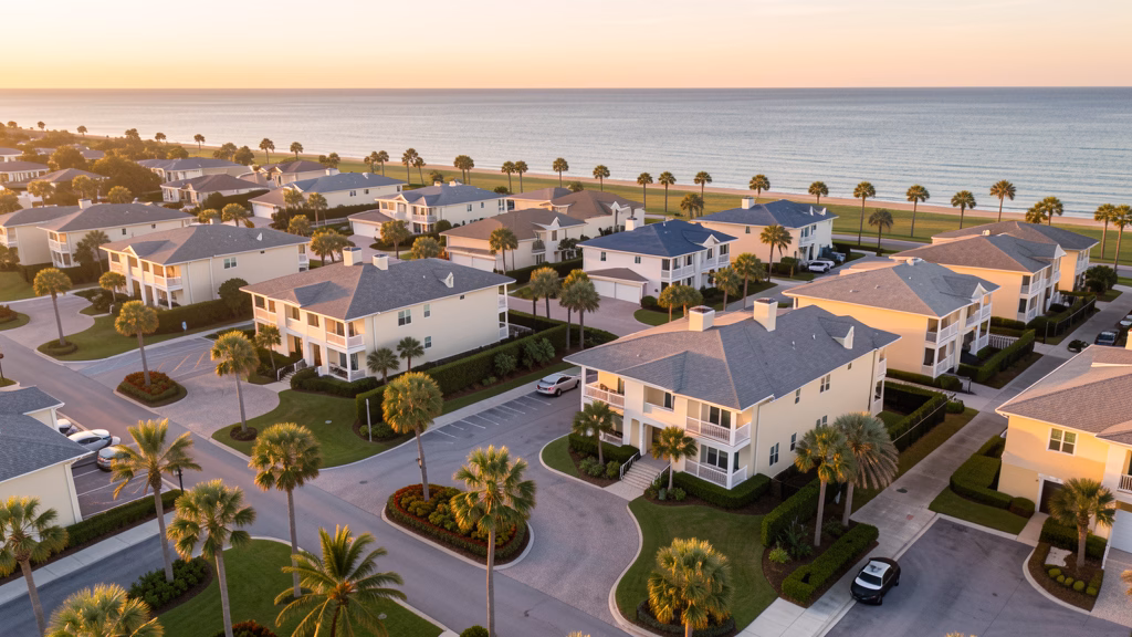 Aerial view of a well-maintained coastal condominium community in Panama City Beach, Florida at golden hour