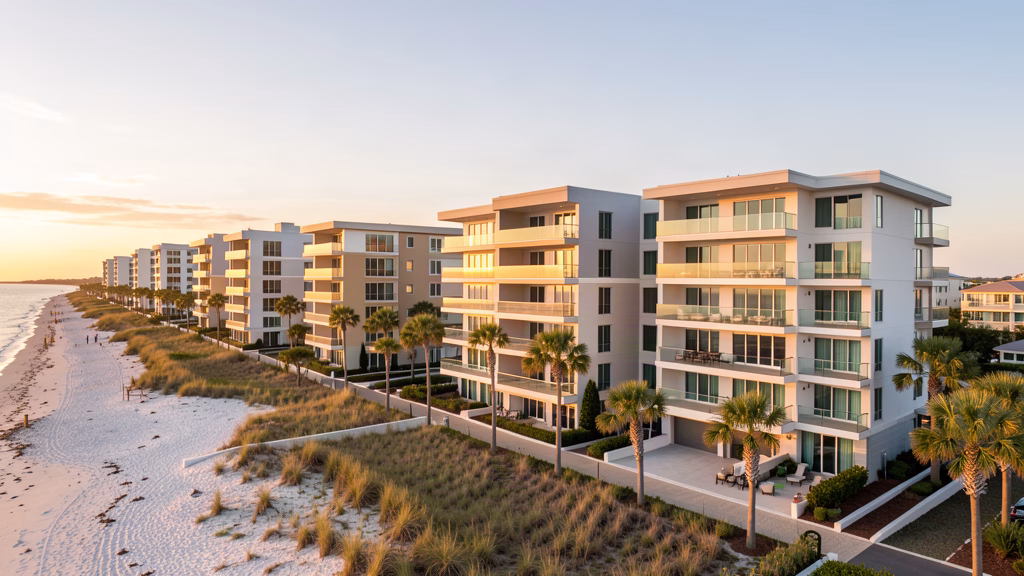 Modern coastal condominium buildings along Panama City Beach, Florida, at golden hour