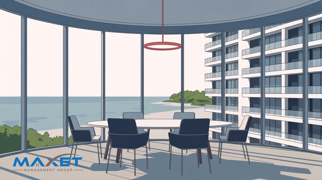 Empty coastal condominium boardroom overlooking the Gulf, representing board oversight of fire sprinkler retrofit planning, branded Maxet Management Group
