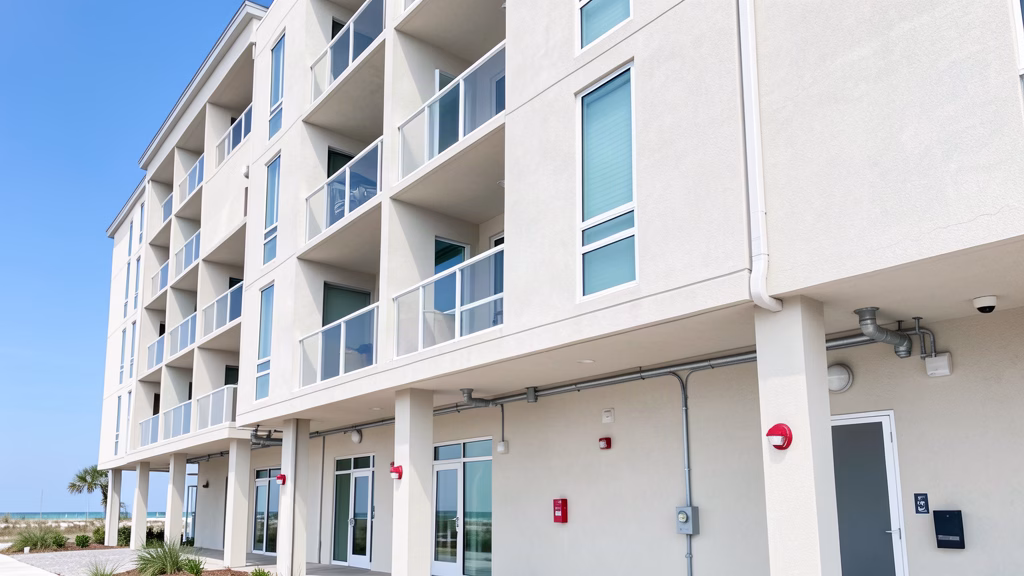 Modern coastal high-rise condominium building in Bay County with visible fire safety infrastructure