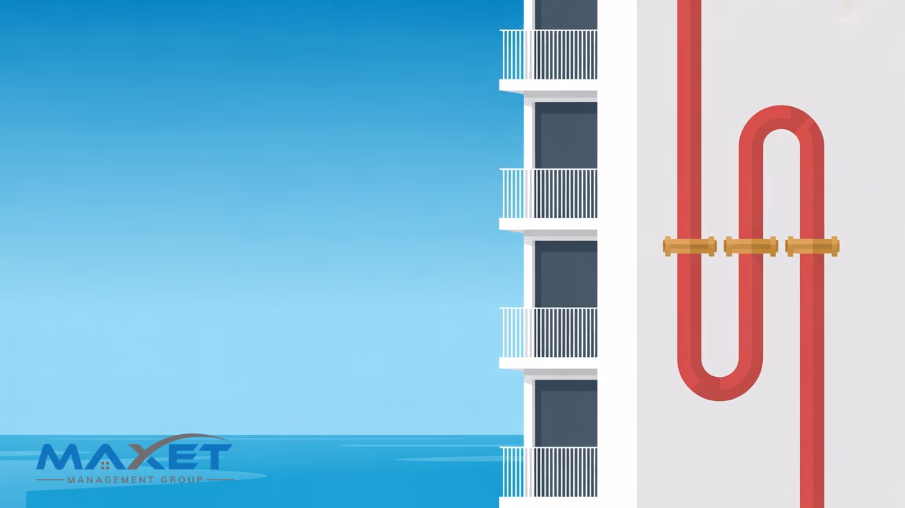 Coastal Bay County condominium facade with a clean red fire sprinkler pipe motif representing retrofit readiness, branded Maxet Management Group