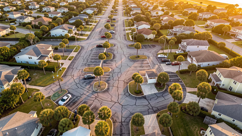 Aerial drone view of a Bay County residential community showing aging asphalt streets and parking areas in need of repaving assessment.