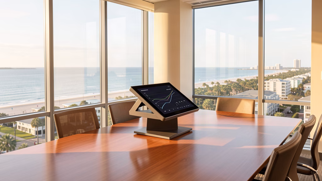 Modern boardroom in a Northwest Florida coastal community association with digital voting kiosk overlooking Panama City Beach