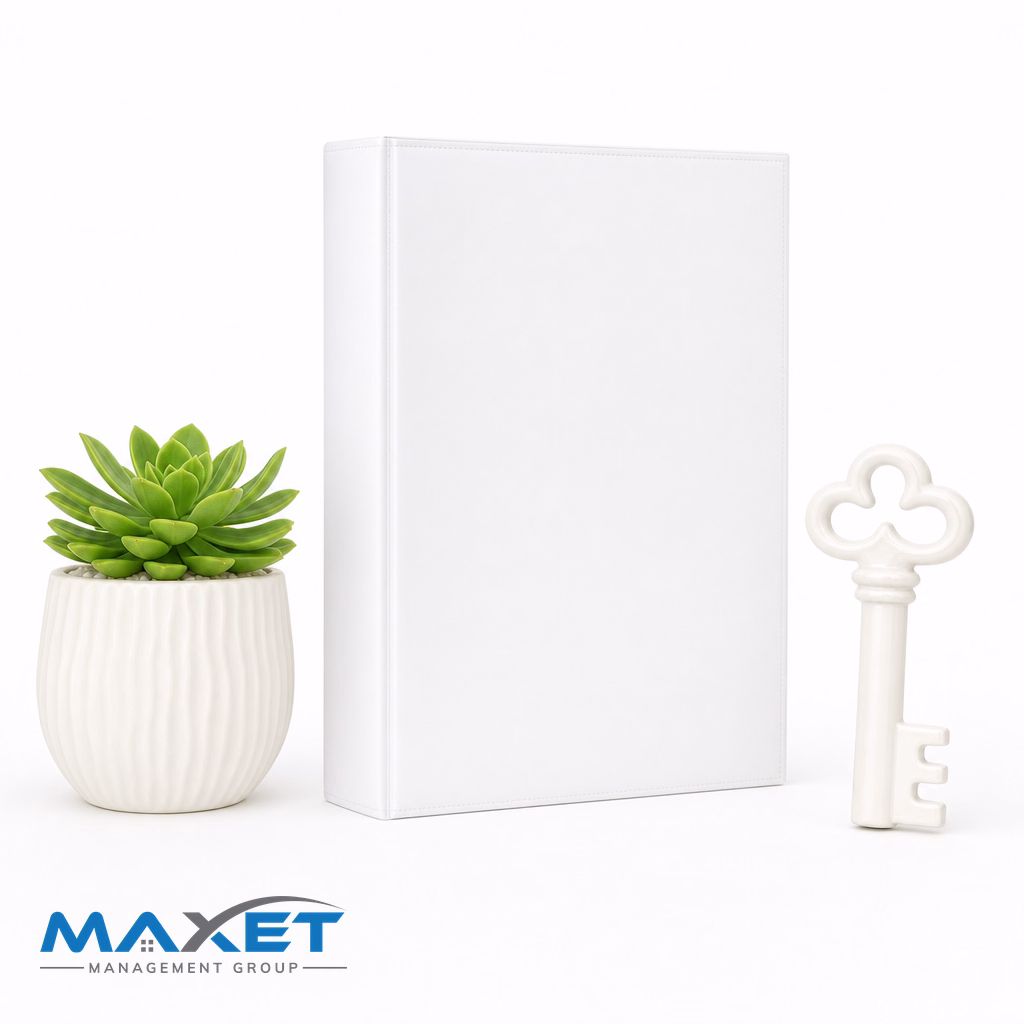 Closed blank white binder with a green succulent and a white ceramic key on a bright white surface, representing the documented fiduciary record of a board contractor selection decision