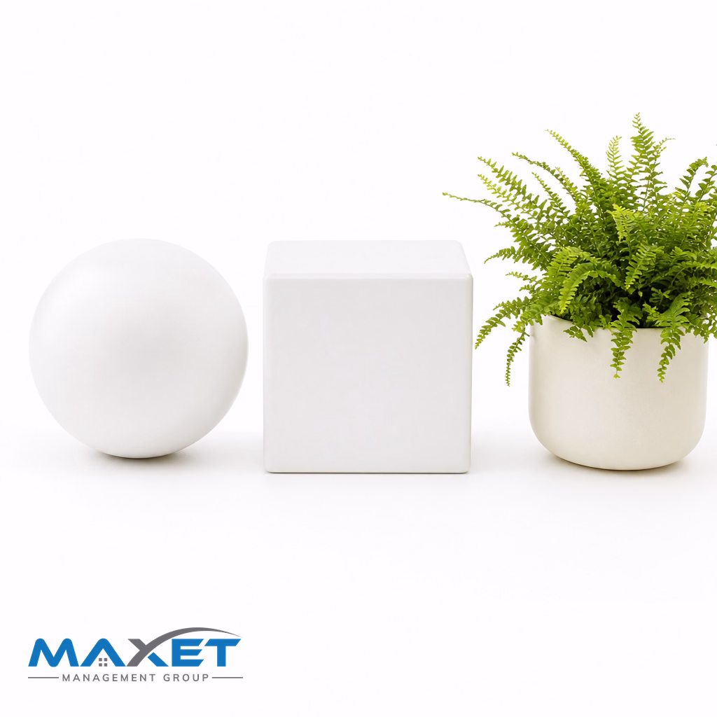 White ceramic sphere and cube on a bright white surface with a green fern, representing the comparison of two non-equivalent contractor proposals