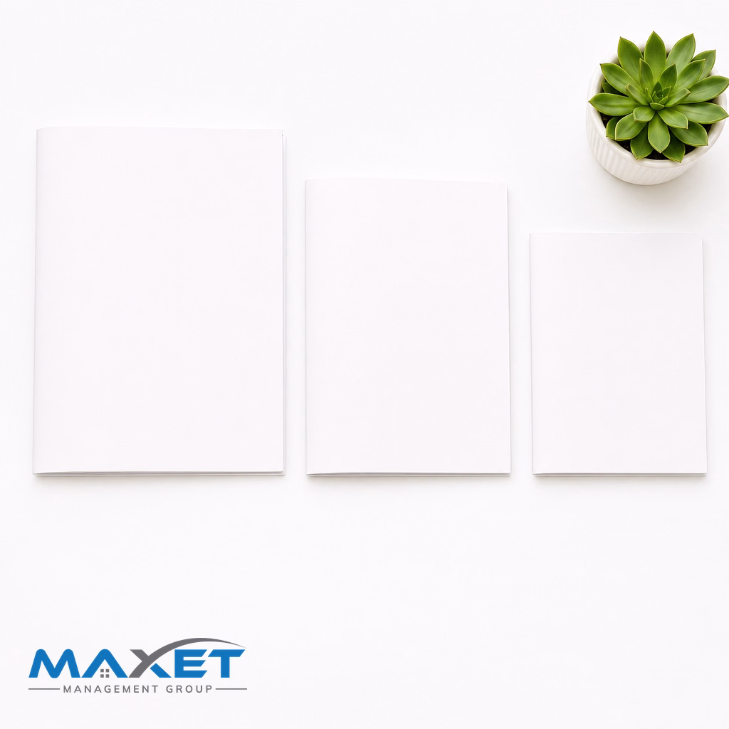 Three closed blank white folders of different sizes arranged on a bright white surface with a green succulent, representing normalization of differing contractor scopes into one comparable structure