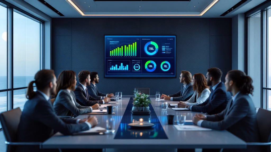 Board members reviewing vote integrity verification data on a wall display in a modern boardroom