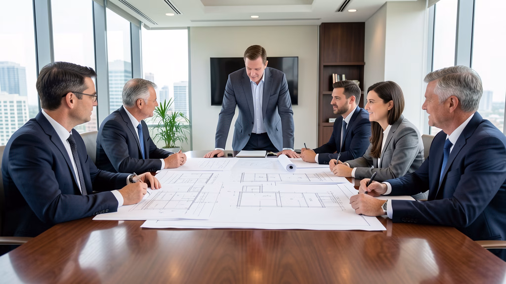 Board members reviewing structural blueprints in a Bay County boardroom