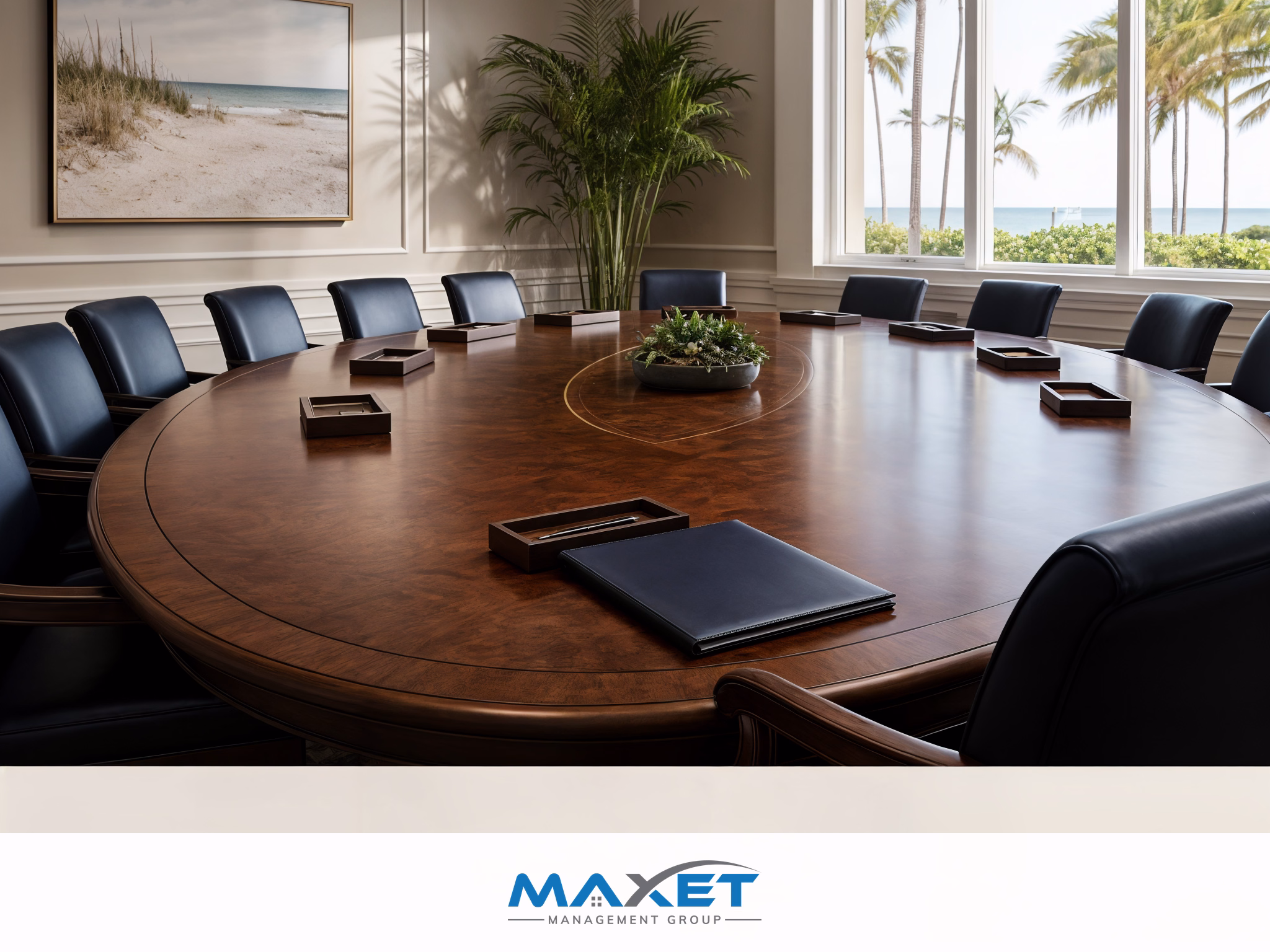 Modern conference room with board member chairs in semicircle and documents at each seat for community association governing document restatement meeting