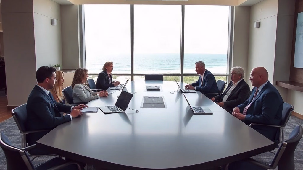 Board members of a Bay County HOA conducting association business in a modern coastal boardroom