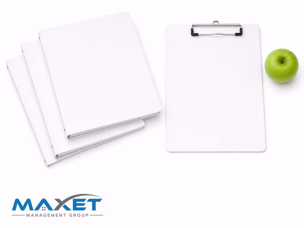 Stacked blank white binders with plain clipboard and green apple on white surface representing organized project sequencing and owner communication