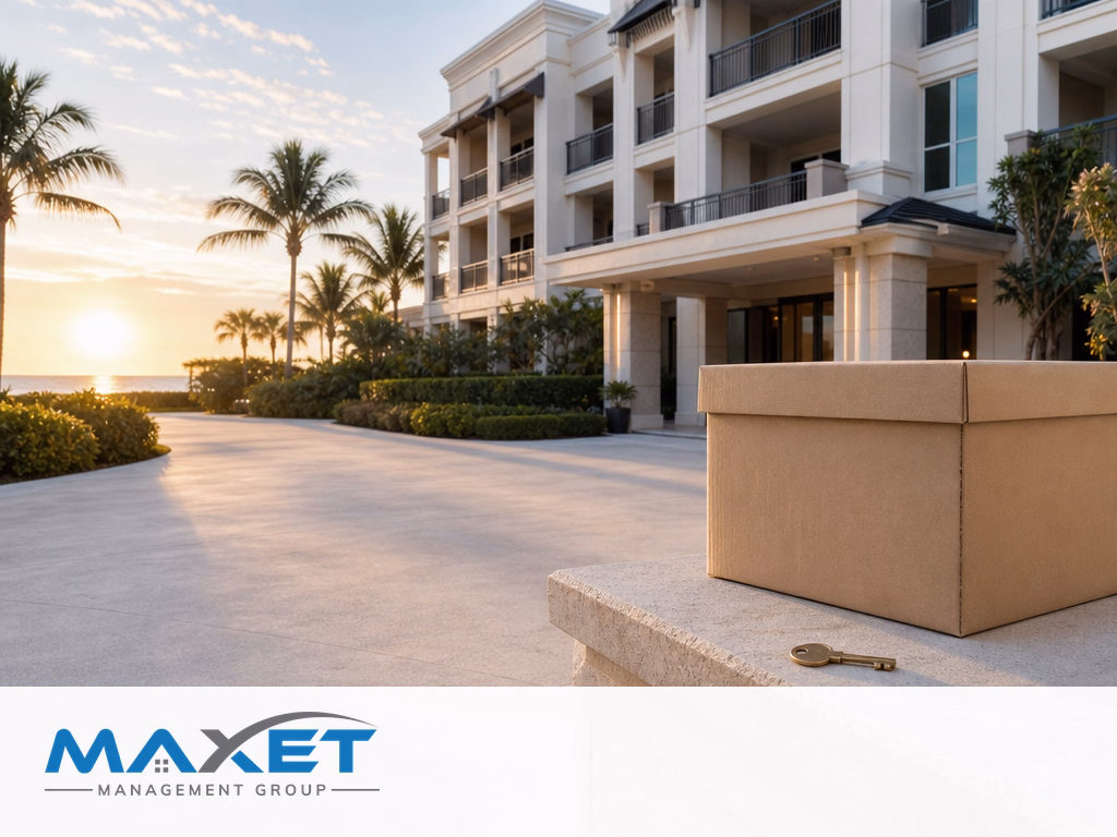 Anonymized coastal condominium setting with blank archive box and key representing management transition stabilization