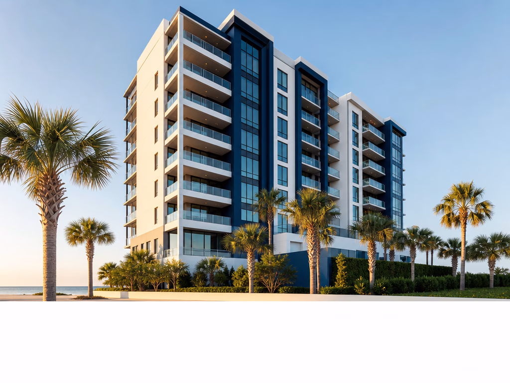 Modern Panama City Beach condominium building with clean architectural lines at golden hour