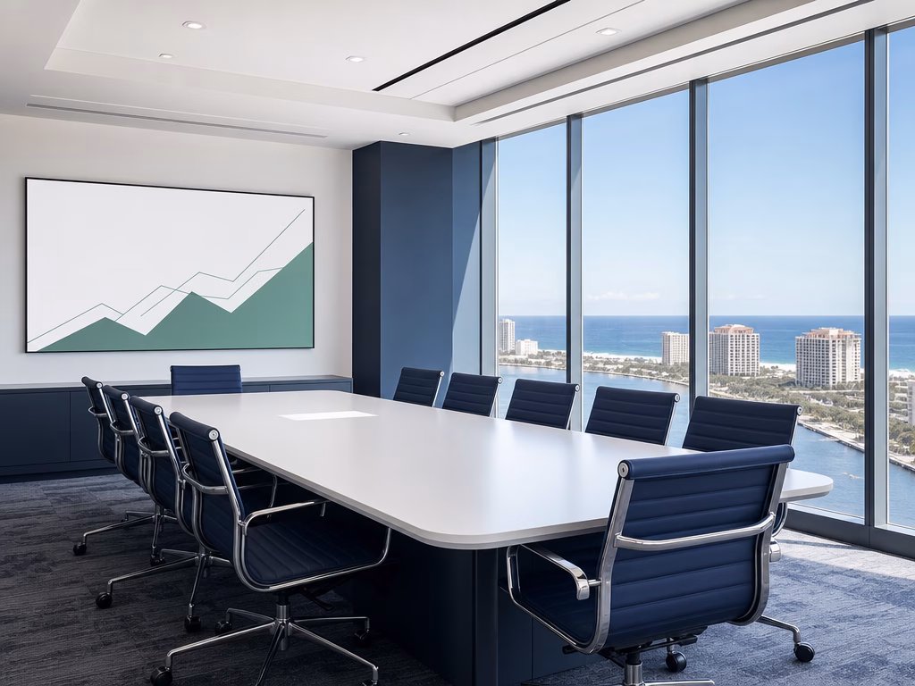 Corporate boardroom with coastal skyline view and presentation screen