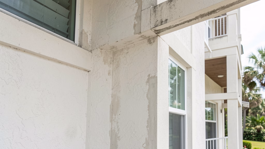 Architectural detail of coastal condominium exterior showing stucco and window interfaces