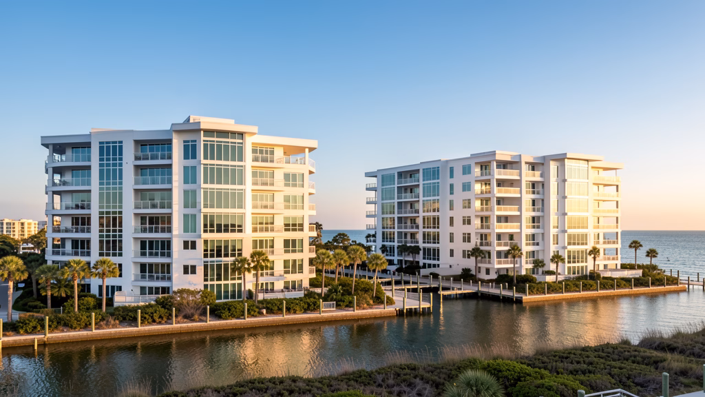 Modern coastal condominium buildings along Panama City Beach with clean architectural lines