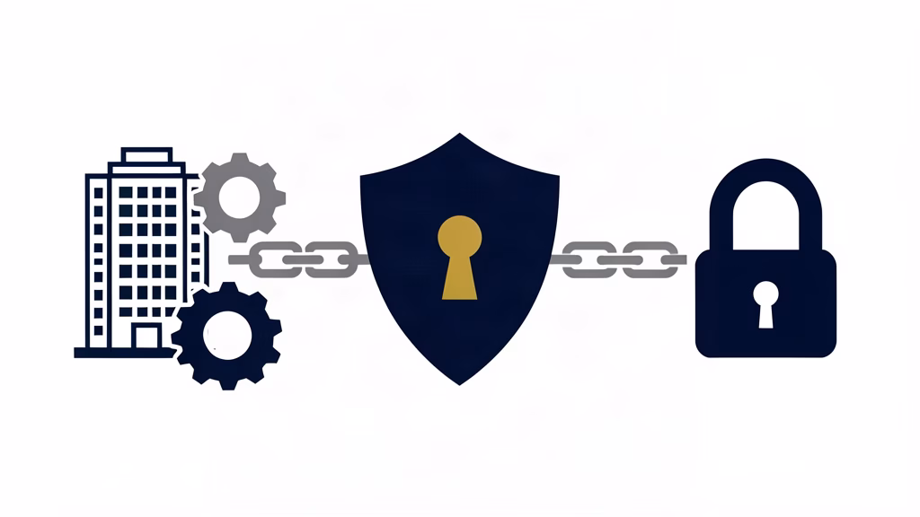Abstract condominium governance illustration showing a building, operational gears, a shield, chain, and padlock to represent delegation with retained fiduciary responsibility