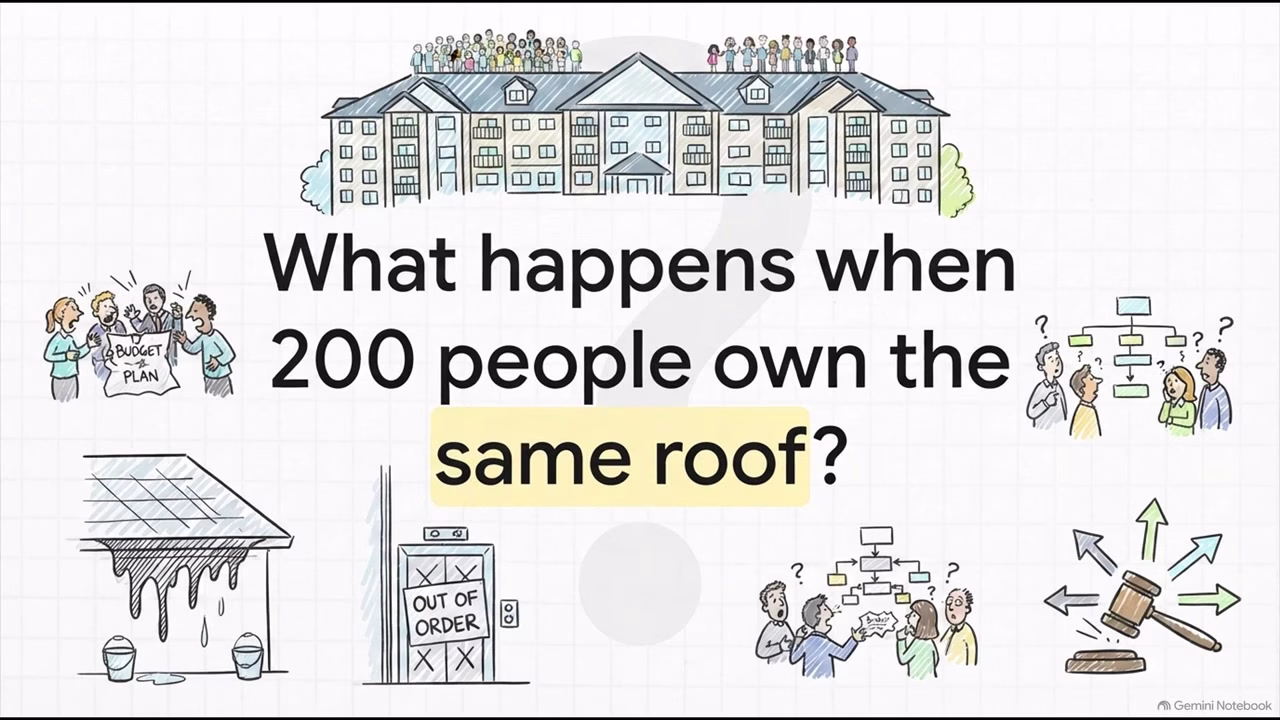 Illustrated condominium building and the question of shared responsibility for a common roof