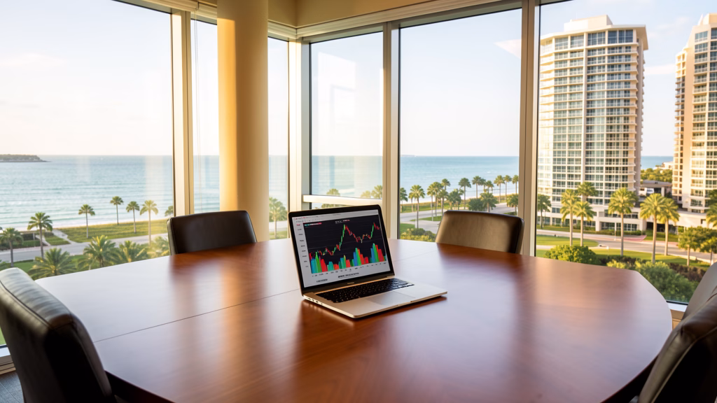 Condo association boardroom overlooking the Gulf of Mexico with financial dashboard on laptop screen