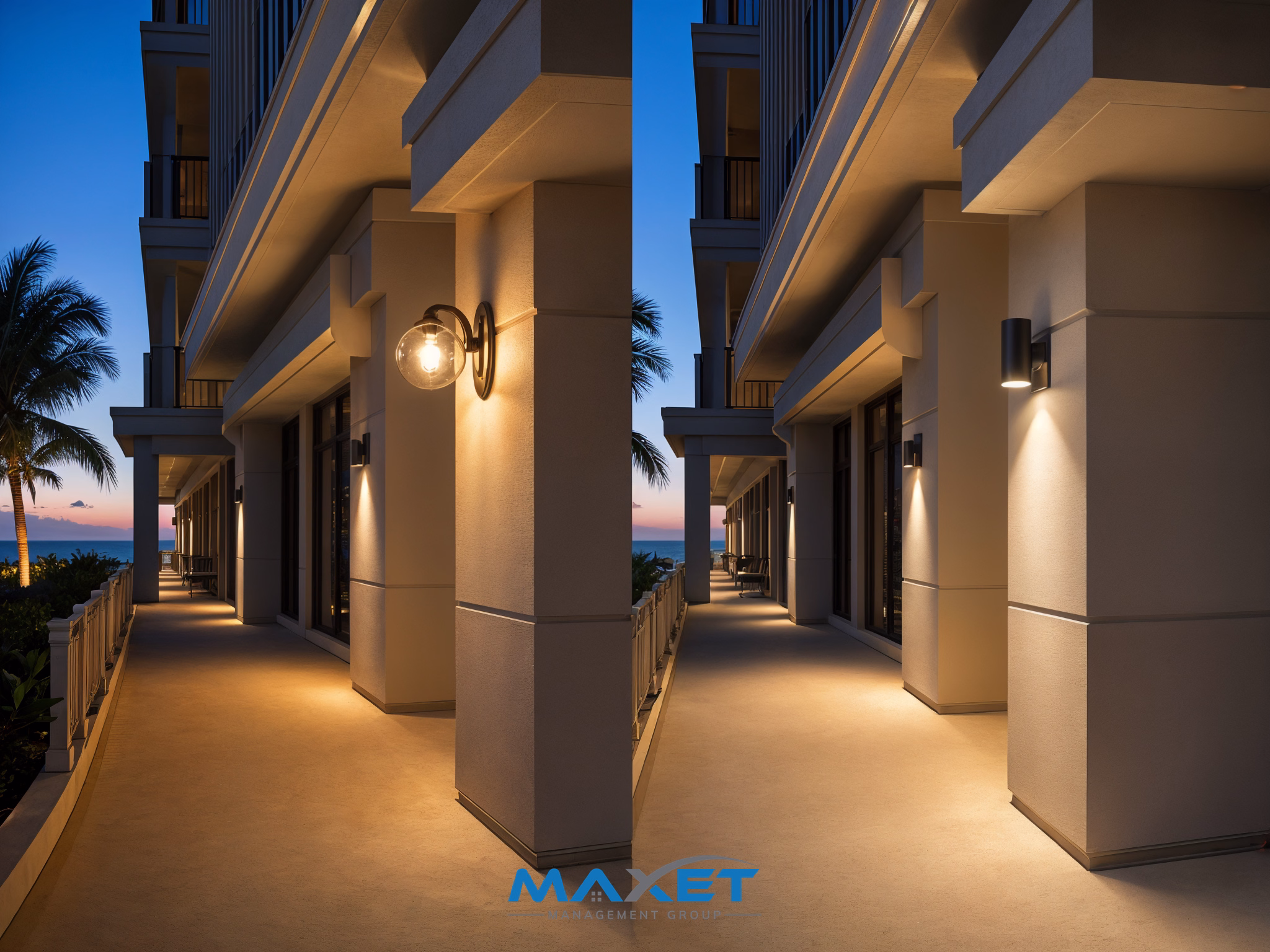 HOA community clubhouse exterior at twilight showing new LED lighting retrofit in Bay County Florida