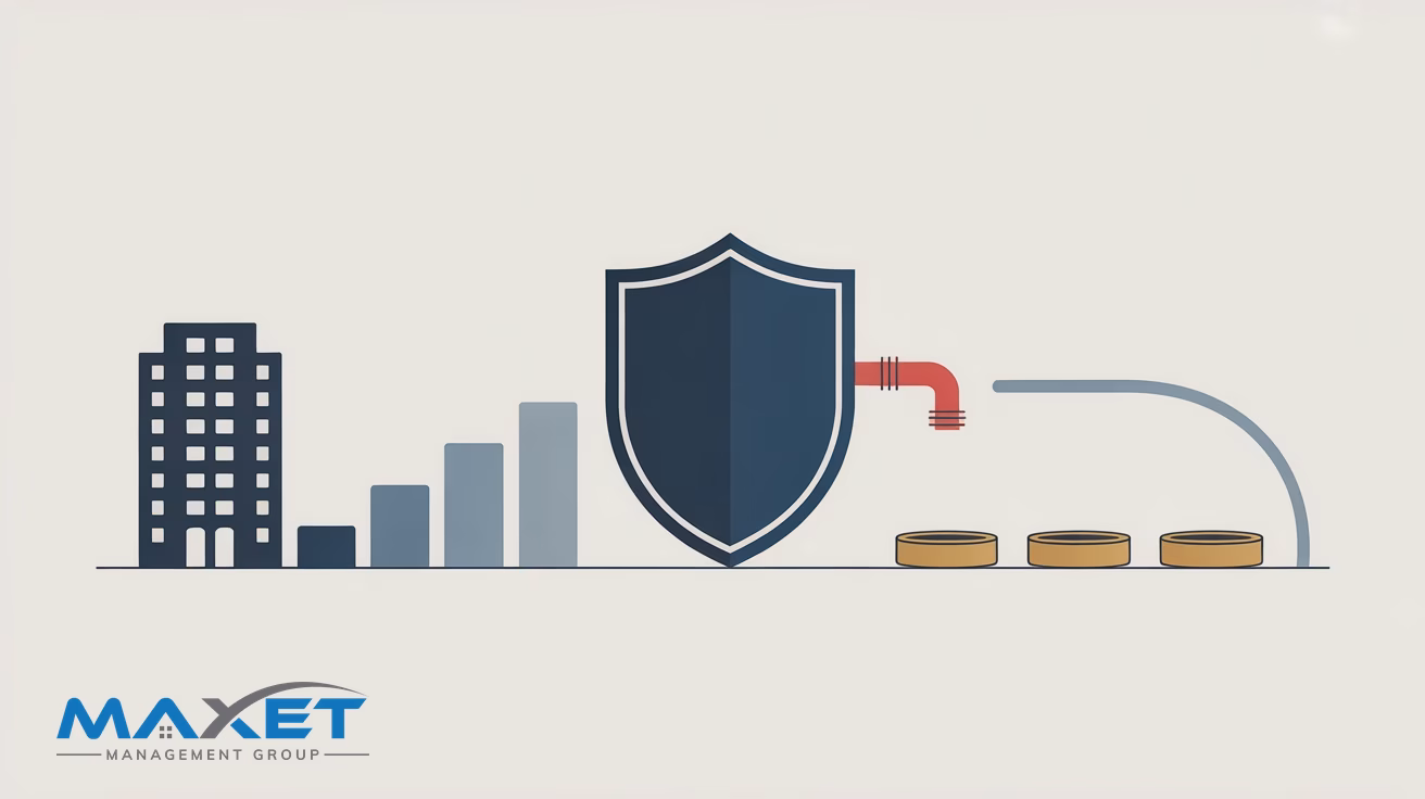 Abstract condominium capital planning visual with building, reserve blocks, shield, sprinkler pipe motif, and funding discs, branded Maxet Management Group