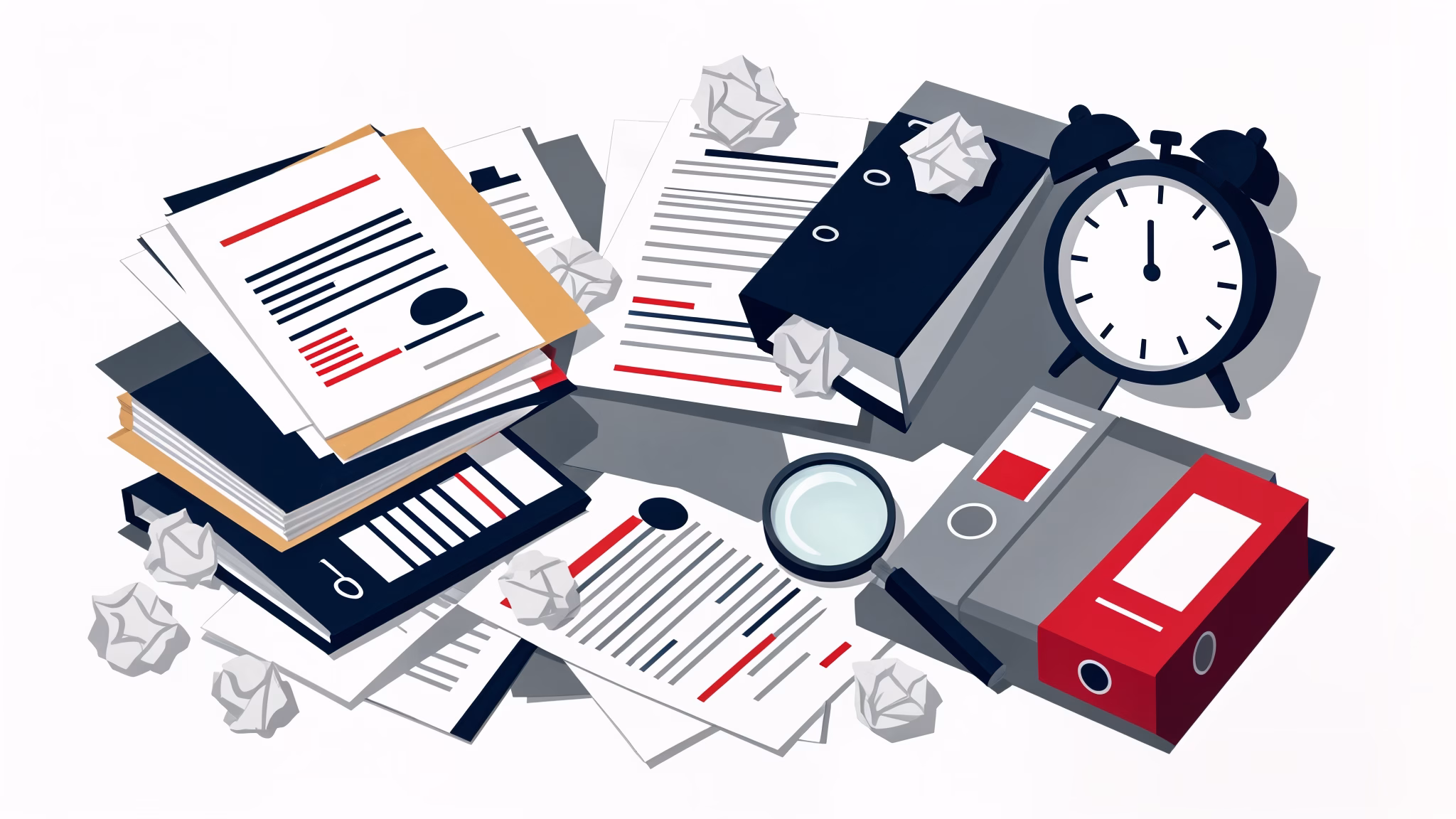 Chaotic desk overwhelmed with scattered paper disclosure forms and disorganized binders, representing the problem with manual conflict-of-interest tracking