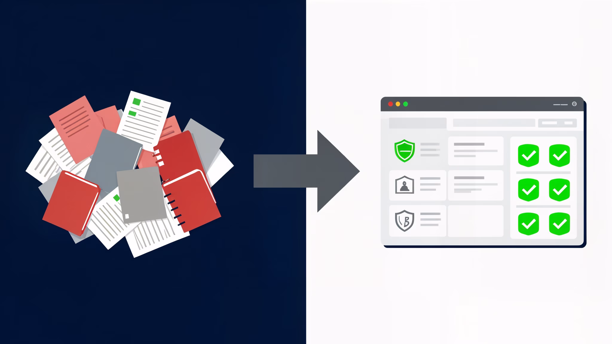 Contrast comparison showing transition from chaotic paper-based disclosure tracking to organized digital compliance dashboard with transformation arrow