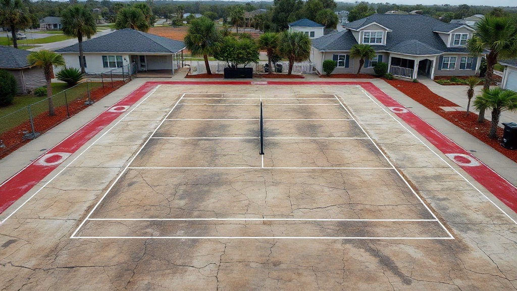 Cracked and weathered tennis court in a Northwest Florida coastal community showing deferred maintenance