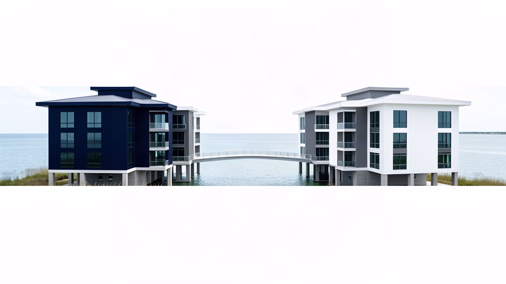 Two modern Northwest Florida coastal buildings connected by a bridge, symbolizing secure data sharing between HOA associations and vacation rental managers