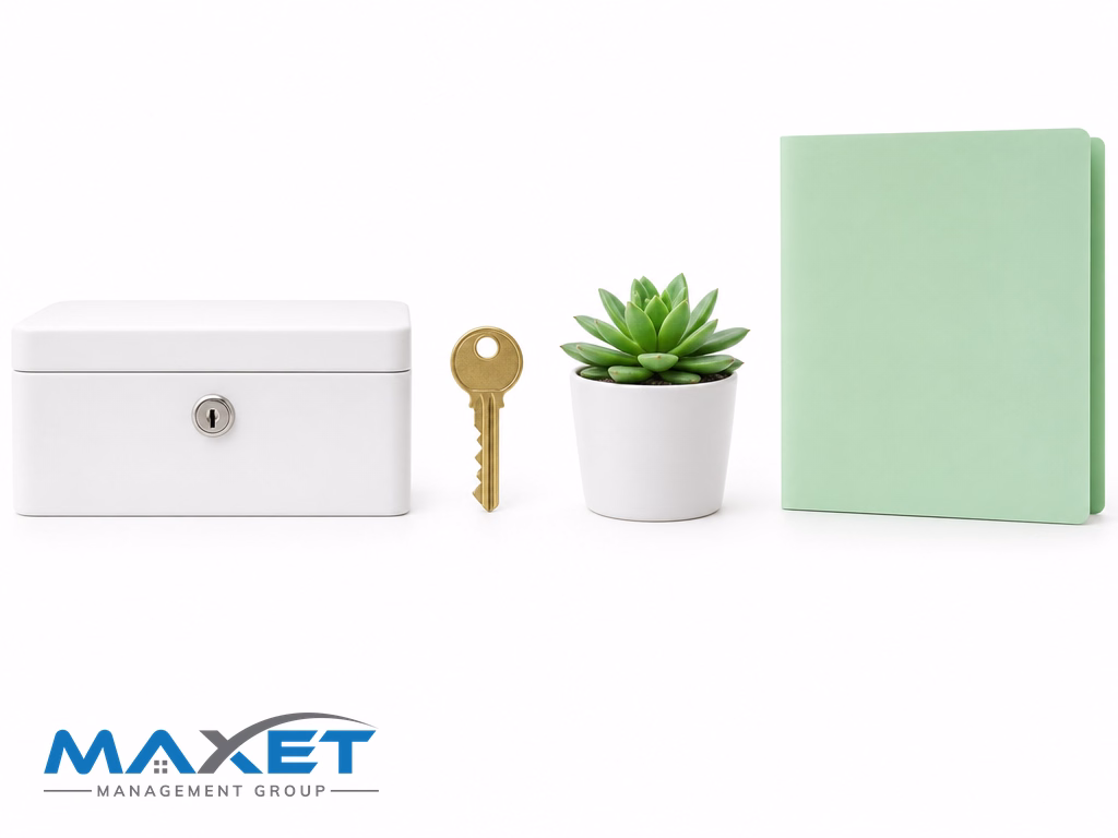 White lockbox, brass key, green succulent, and blank green folder representing fidelity bond coverage for association funds