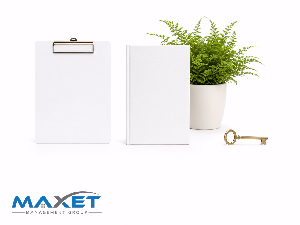 White clipboard blank ledger book and brass key with green fern on bright white studio surface representing reserve and vendor contract audit review