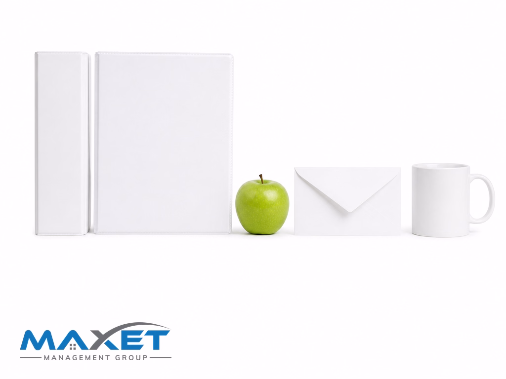 White binders, green apple, sealed envelope, and ceramic mug representing transition records and insurance documentation handover