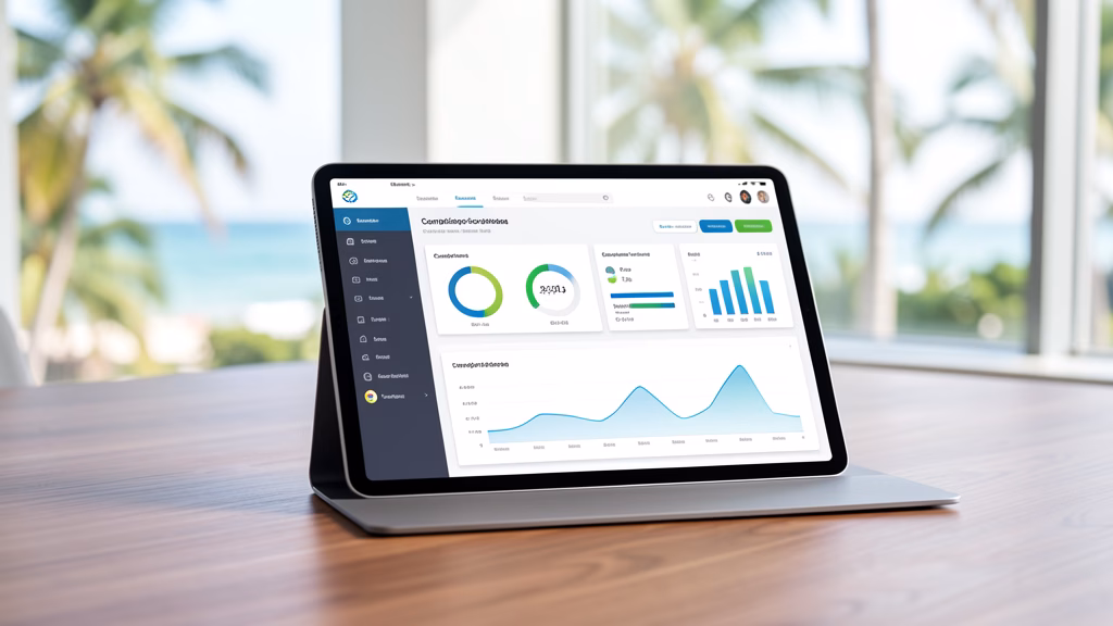 Sleek digital dashboard on a tablet showing compliance tracking and data visualization in a coastal Florida office
