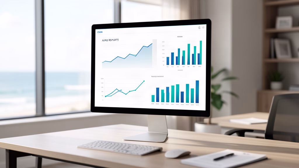 Digital dashboard showing delinquency aging report with financial charts for Bay County HOA boards