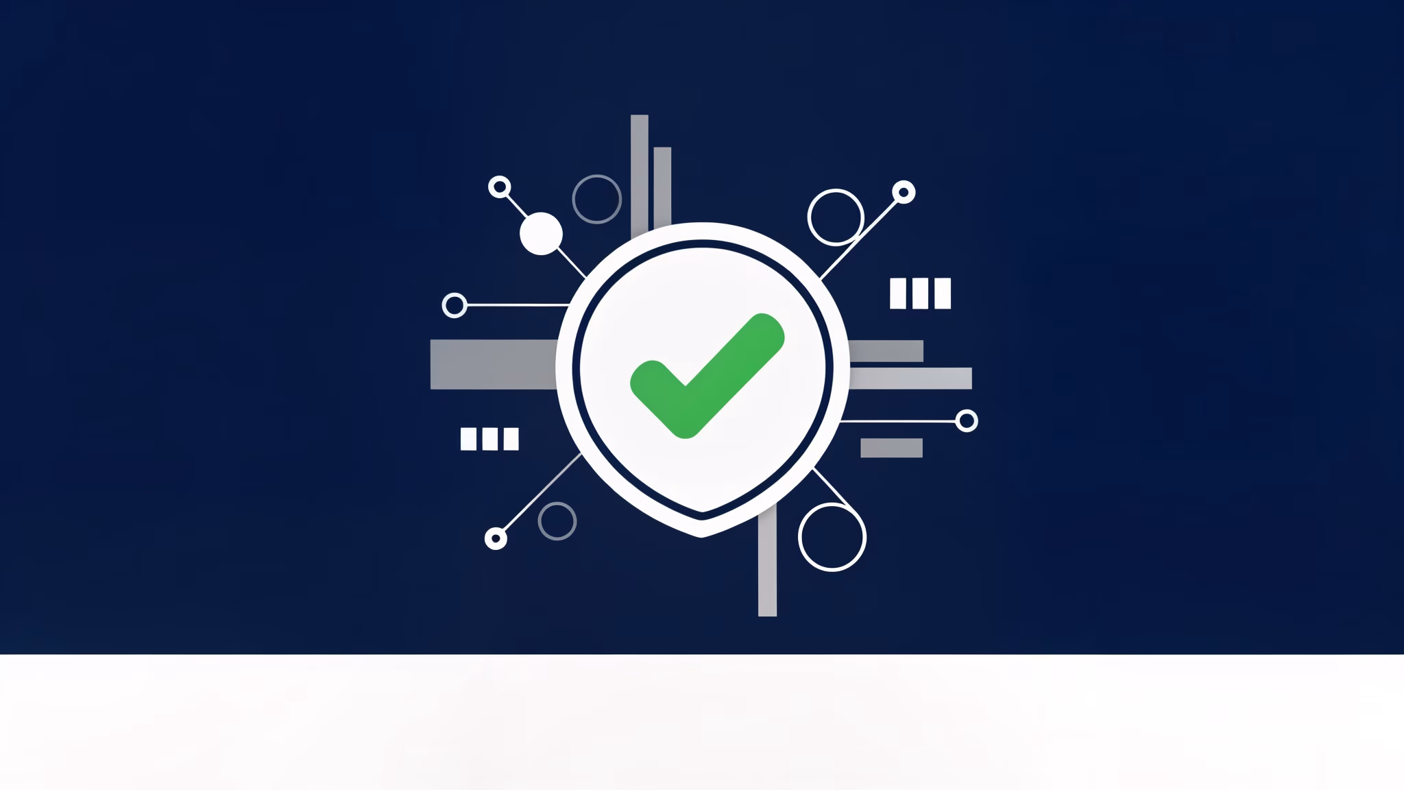 Digital verification shield UI mockup with green checkmark, navy blue background, clean geometric data flow design