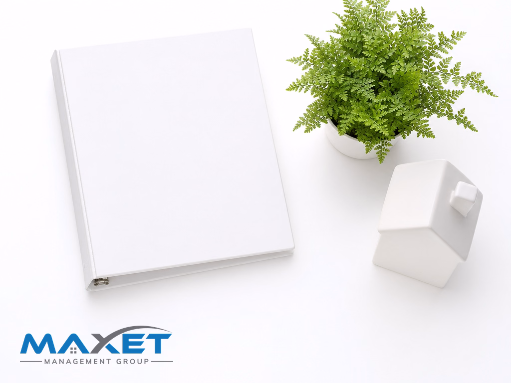 Blank white binder, green plant, and ceramic house figurine on white surface representing organized HOA director onboarding materials