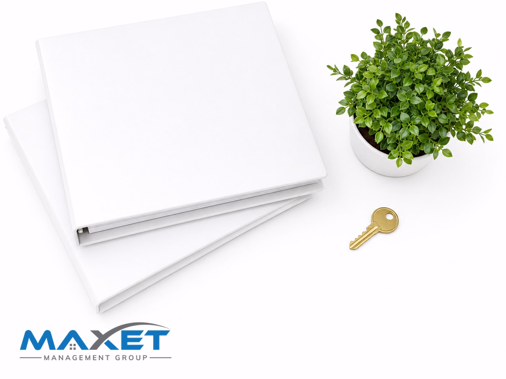 Stacked blank white binders, green plant, and brass key representing reserve fund recordkeeping and governance fundamentals