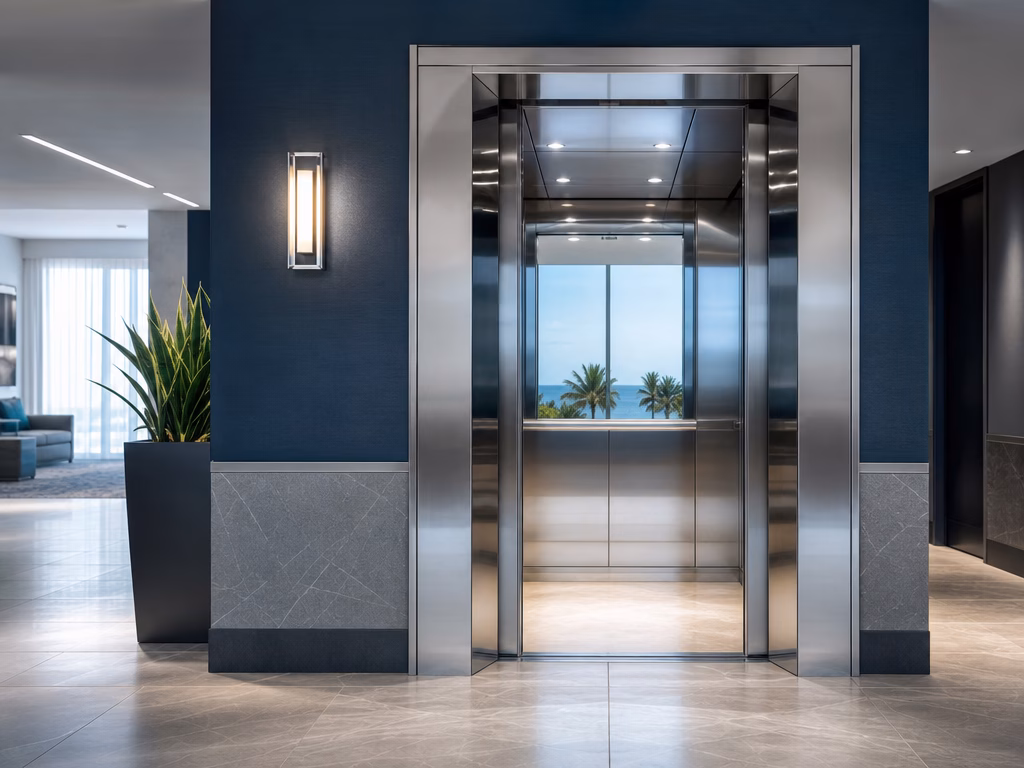 Modern elevator system in a Bay County coastal condominium lobby