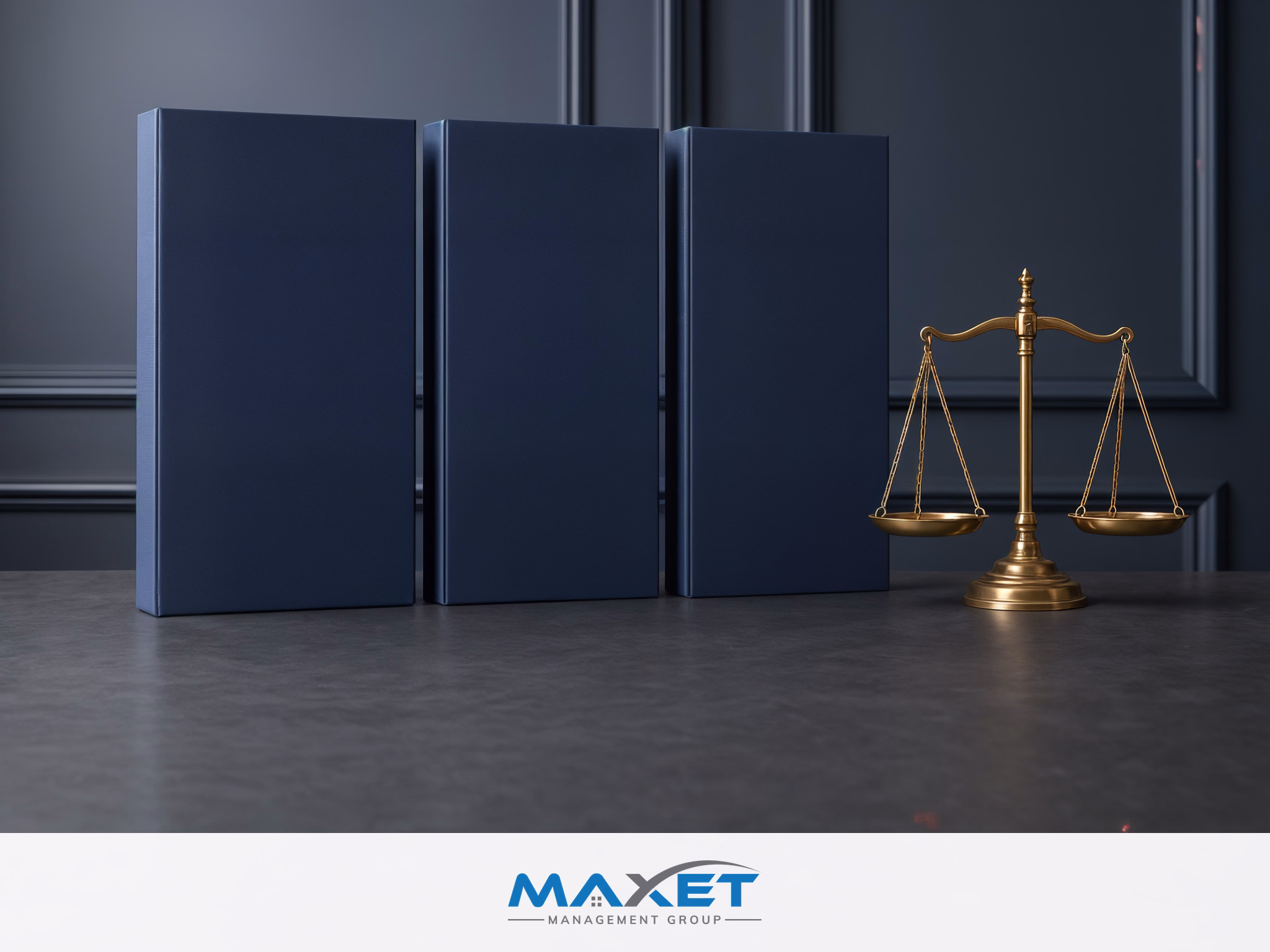 Wooden gavel on closed folders and blank clipboard representing HOA policy enforcement and governance standards