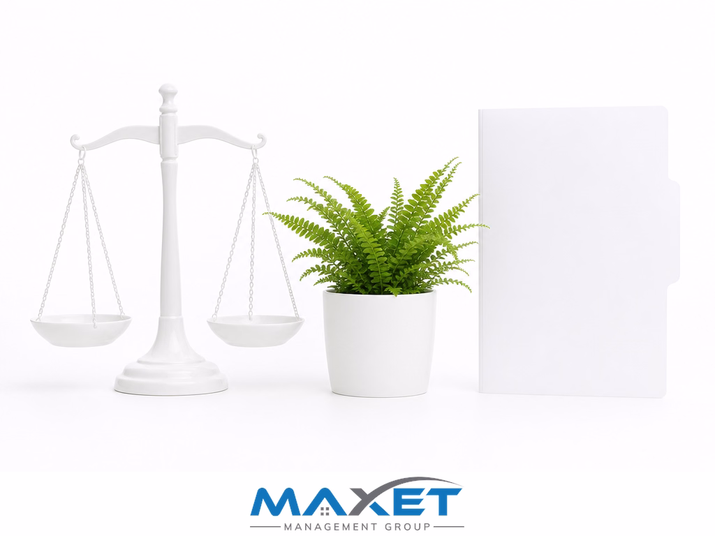 White ceramic balance scale with green fern and blank folder representing fiduciary balance for Bay County HOA boards